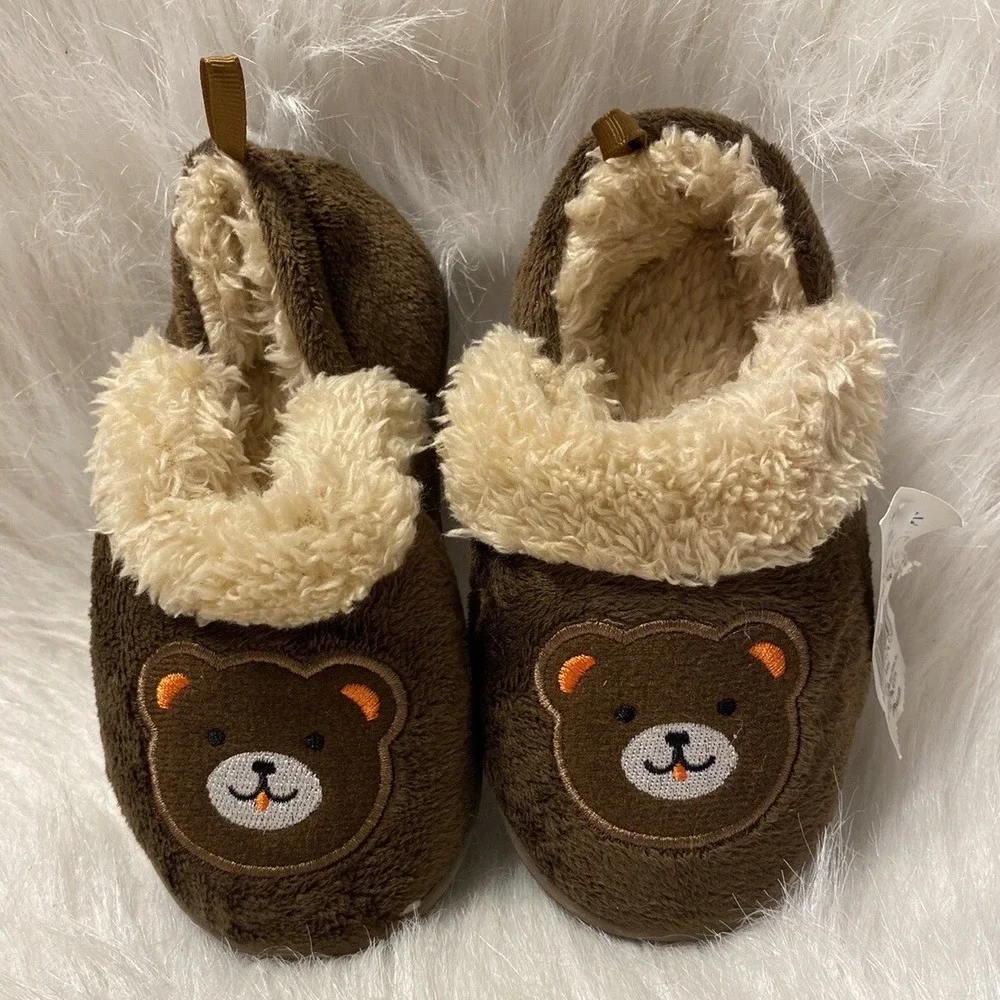 Toddler Brown Bear Slippers Toddler Boys Size Medium 7-8 Lined Slip On Shoes
